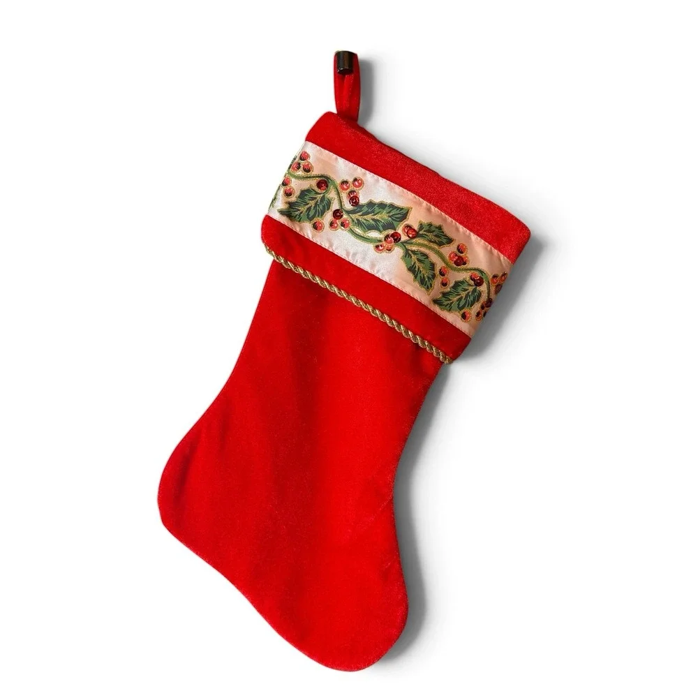 Vintage Velvet Red Green Holly Christmas Stocking Traditional Holiday 16